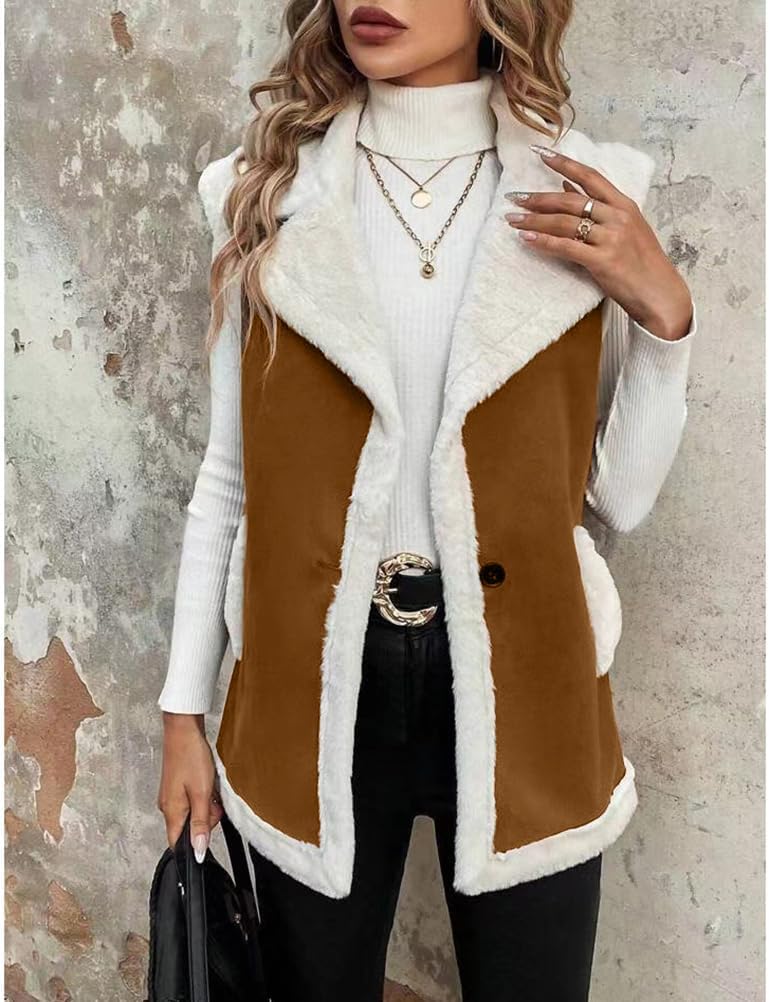 Mywinway Sherpa Vest Womens Fall Winter Faux Fur Suede Leather Vest Jacket Sleeveless Lambswool Fur Warm Coat - Image 2