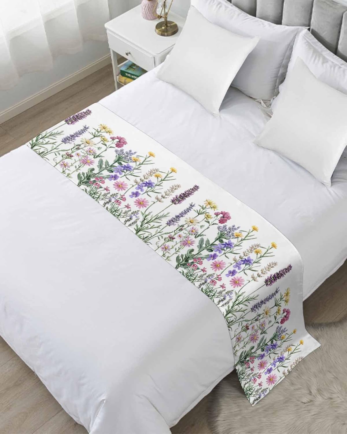 Farm Garden Flower Leaves Bed Runners for Bedroom Hotel,Decorative Bedding Scarf Watercolor Lavender on White Bed End Blanket Bedding Runner Scarves for Queen Size Bed,94x20in