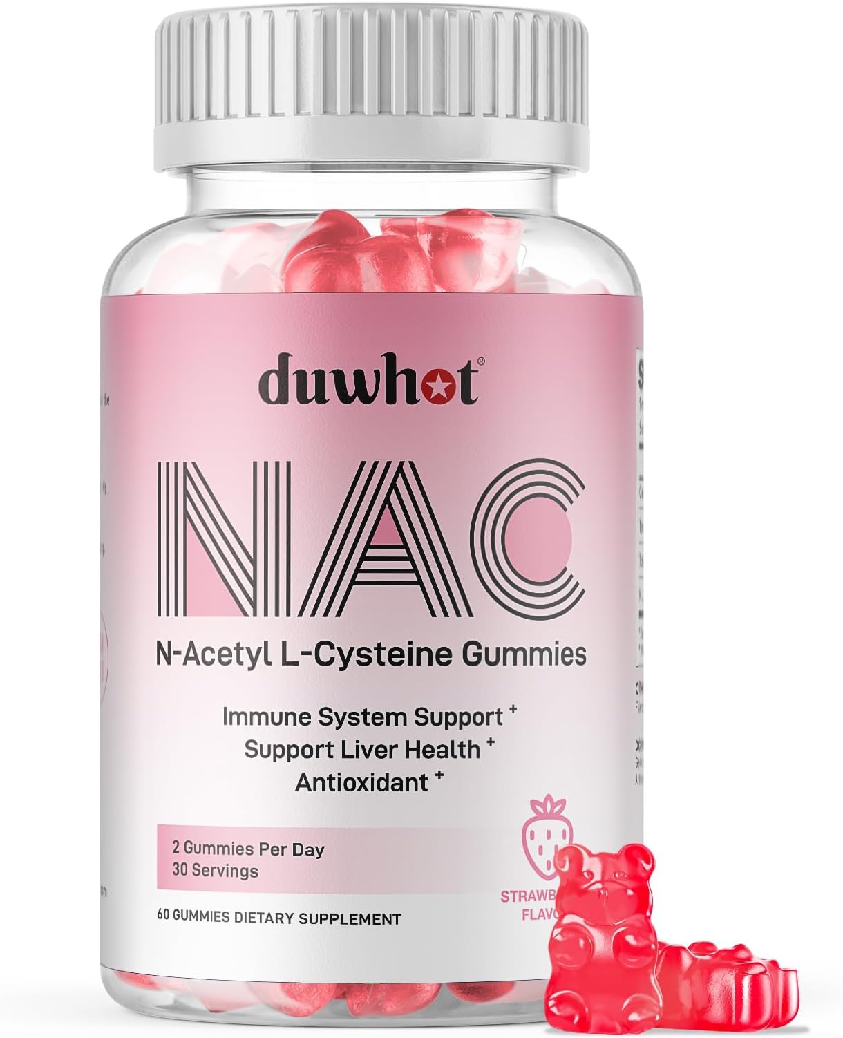 duwhot NAC Gummies 600mg, N Acetyl Cysteine Supplement NAC Chewable for Antioxidants & Immune Support, Lung & Liver Health, Natural Strawberry Flavor, 60ct