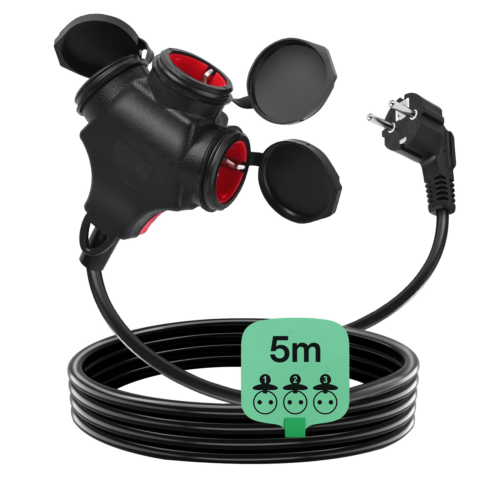 Cable corto de 5 m con 3 tomas de corriente: cable de extensión corto en el exterior con contacto a tierra con 3 tomas de corriente alterna, 1,5 mm², hasta 250 V/16 A, doble enchufe para doble enchufe