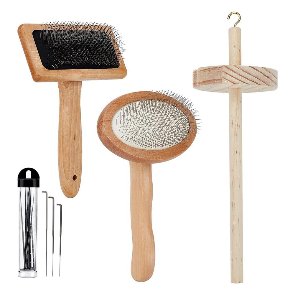 Hfourhnik 4Pcs Wooden Wool Carder,Slicker Brush Wood -Tool Felting Tool Kit with 12Pcs Craft Wool Needle for Yarn Blending