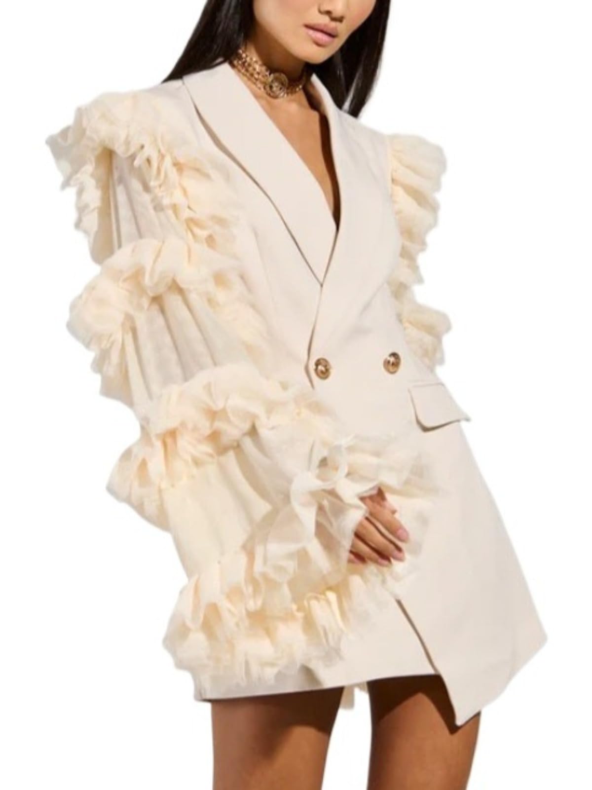 Women Lace Sheer Spliced Ruffles Folds Blazers Lapel Long Sleeves Tunic Patchwork Buttons Blazer