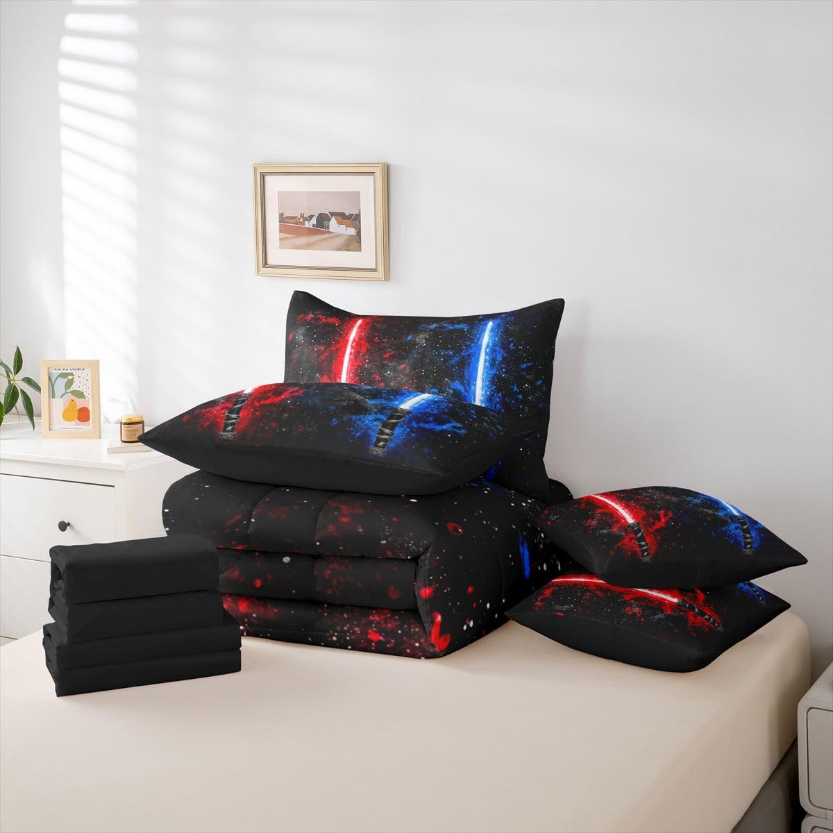 7 Piece Lightsaber Comforter Set King Size, Neon Red Blue Bedding Set Bed In A Bag For Kids Boys Teens Adult Women Room, Galaxy Starry Sky Sheet Set Fashion Games Light Sword Bedding Comforter Sets