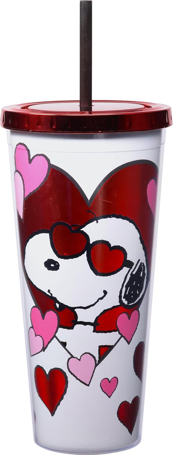 Spoontiques - Acrylic Foil Cup with Straw - 20 - Metallic Locking Lid with Straw - Double Wall Insulated - BPA Free - Snoopy Valentines Day Foil Cup, 20 Oz
