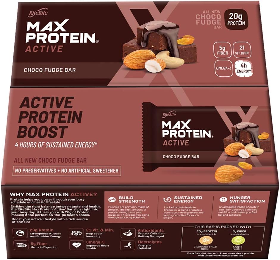 RiteBite Max Protein Active Choco Fudge Protein Bars with 20g Protein, 5g Fiber & 21 VIT. & Minerals | No Cholesterol & Trans Fat for Upto 4h of Energy, Healthy Snack, 75g (Pack of 12)
