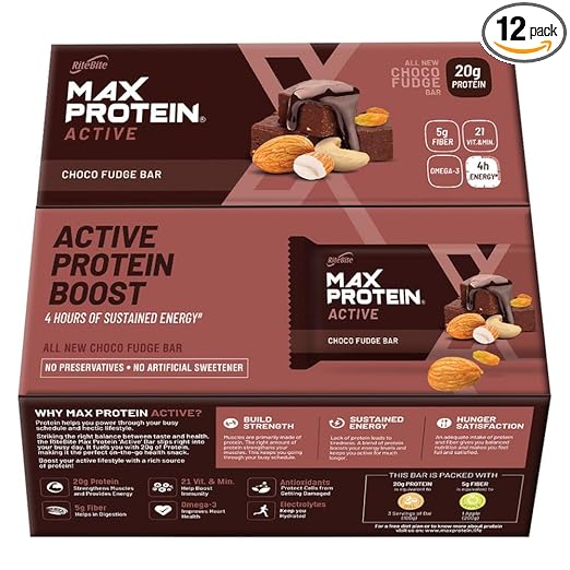 RiteBite Max Protein Active Choco Fudge 20g Protein Bars [Pack of 12] Protein Blend, Fiber, Vitamins & Minerals , No Preservatives, 100% Veg, for Energy, Fitness & Immunity - 900g