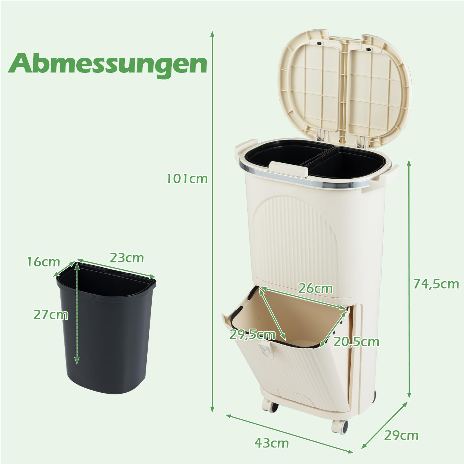 COSTWAY Mülleimer Küche, Mülltrennsystem 3 Fächer, 2 x 12L Inneneimer & 14L Treteimer, Abfalleimer mit Rollen, Doppeldeckel, Pedal & Haken, Tretmülleimer Abfallsammler für Küche, Bad, Büro (Beige)