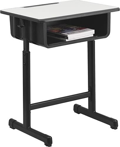 Flash Furniture Escritorio para estudiantes con parte superior gris y marco de pedestal negro de altura ajustable
