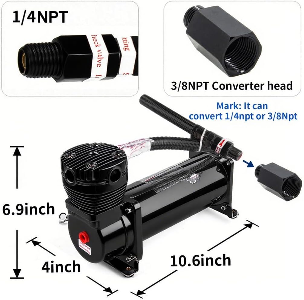 3/8NPT Heavy Duty 200 PSI Air horn Compressor kit with 1/4NPT Converter head and Oil water separator, Fittings for 12V Cars/Train/Truck,Air Suspension horn Compressor BLACK