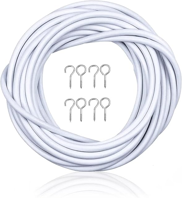 WHITE HILL Net Curtain Wire - Plastic Coated Window - Multi-Purpose Voile Includes 8 Eyes 8 Hooks (4METER)
