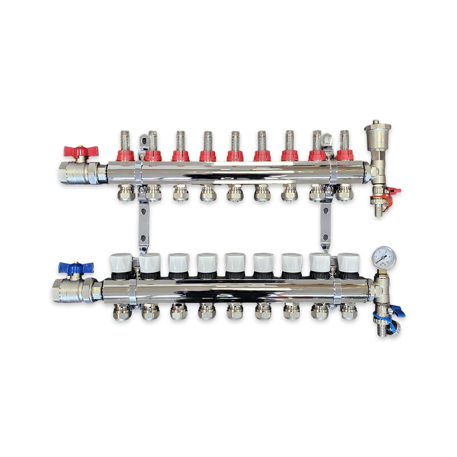 Wärmer System 9 Port Underfloor Heating Complete Manifold with Pipe Connections, Ball Valves, Automatic Air Vent and Pressure Gauge End Unit (16mm eurocones)