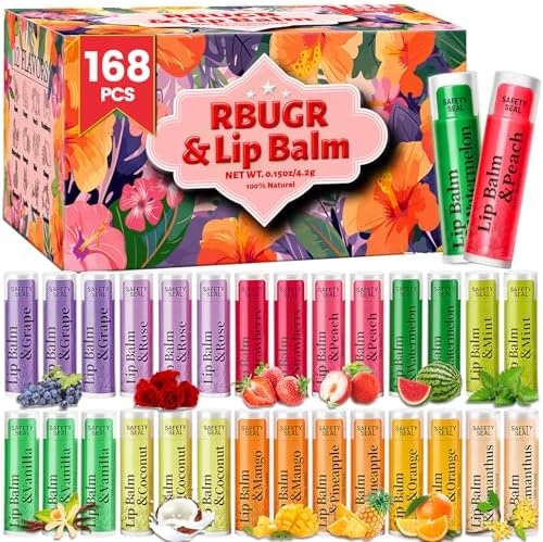 RBUGR 168 Pcs Lip Balm Bulk, 12 Flavored Lip Balm Pack for Women, All Organic Natural Bulk Lip Balms for Dry Cracked Lips, Moisturizing Lip Balms Gift Set(4.2g/0.15oz)