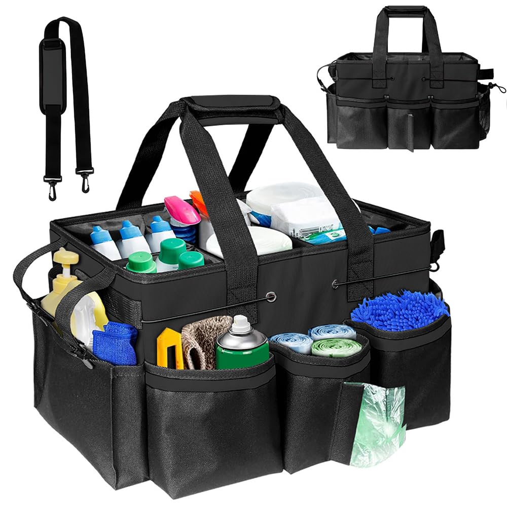 Jonuin Cleaning Caddy with Handle, Professional Cleaning Bag with Detachable Divide, Adjustable Shoulder Strap & Waist Belt, Large Cleaning Caddy for Cleaning Supplies, Home, Car, Garden, Craf (Black)