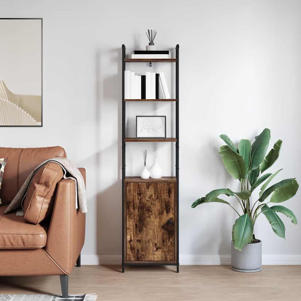 Regał na książki dąb wędzony, 40 x 24 x 161 cm, materiał drewnopochodny, regał stojący z 6 półkami i drzwiami, nowoczesny regał na książki do domowego biura