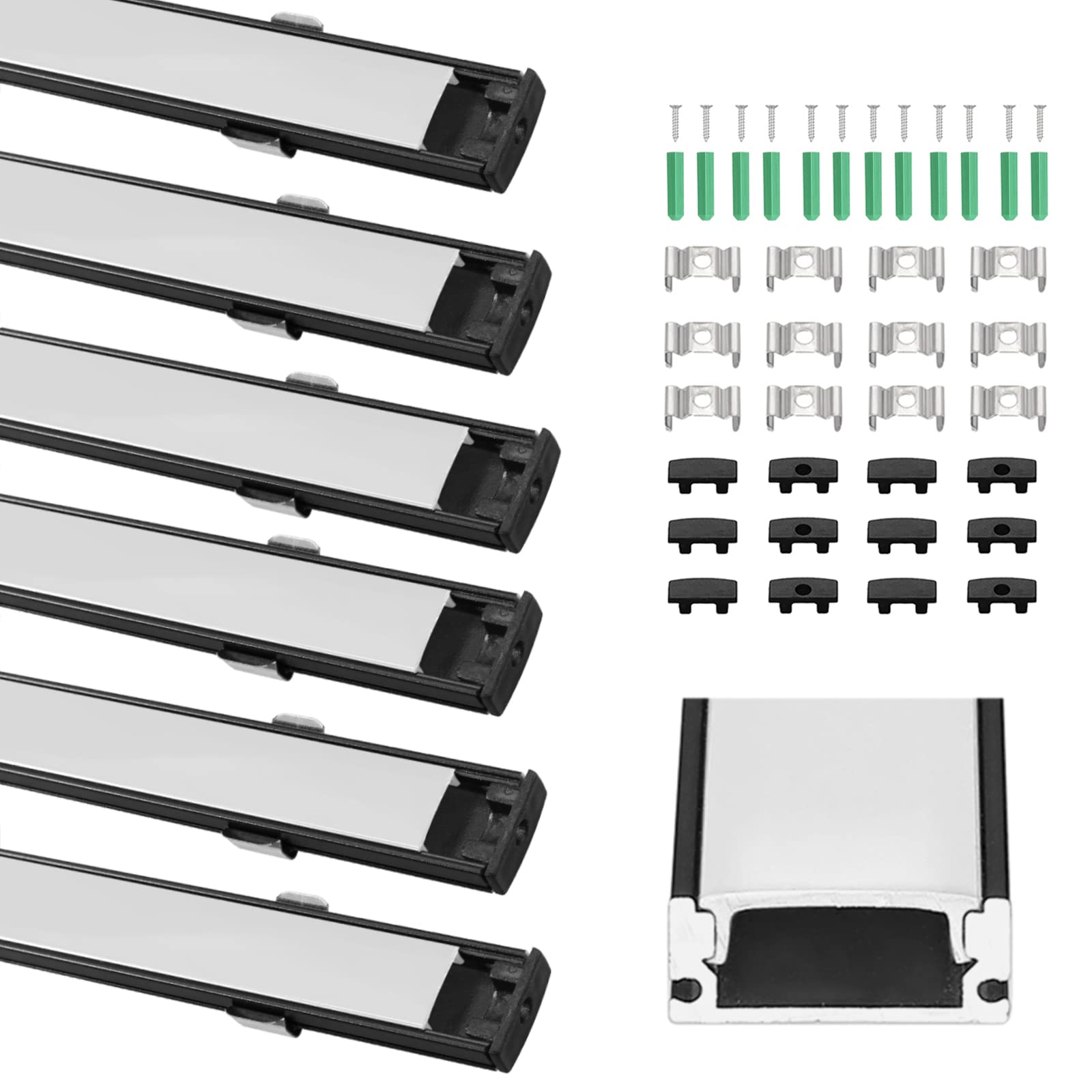 ALLmeter U-Shape Aluminium 6pack Black Led Profile 1m/3.3ft Led Diffuser Led Profile Channel for Width 12mm 5050 5630 Led Strip Lights with White Cover End Caps and Mounting Clips