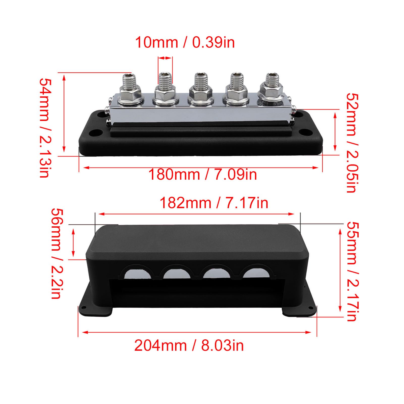 Bloc Distribution D'énergie 600A, 300V DC, Bornier Barre Bus Batterie Marine Robuste avec 5 Goujons M10, Barre Bus à Courant élevé pour Automobile, Voiture, Camping-Car (Black)