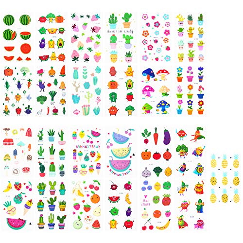 25 Sheets Waterproof Summer Temporary Tattoos Kids Fruits Vegetables Cartoon Stickers Cactus Flowers Cute Temporary Tattoos for Birthday Party