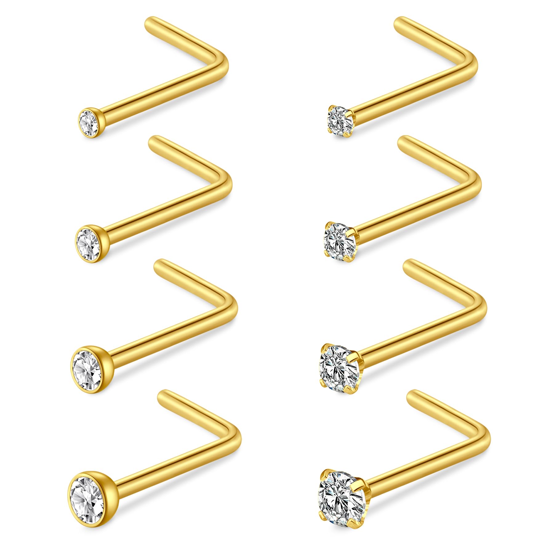 NIUSIMAN 8PCS Piercing nariz Oro Plata 20G,Piercing nariz acero quirurgico Set de Oro delgada barra de cristal de la nariz Piercing Kit de Oro Piercing Bares Set Regalo para Mujeres Hombres Niñas