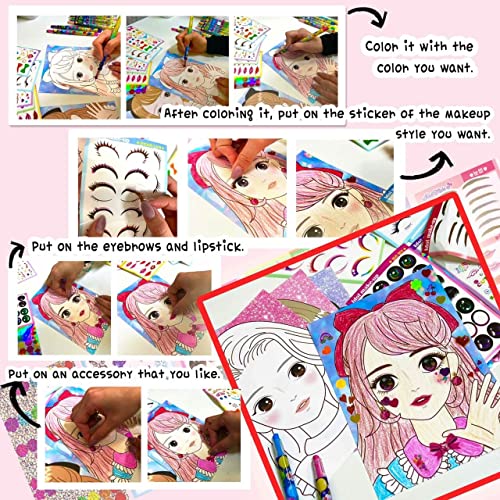 Premium K-Idol Makeup Fashion Sticker Book, Makeup & Hair Design Portfolio Beginner Learning Girls Sketch Book, Coloring Book Crayons Age 6-12, Arts And Crafts Kids Paper Dolls Fashion Design Kit #TOP6