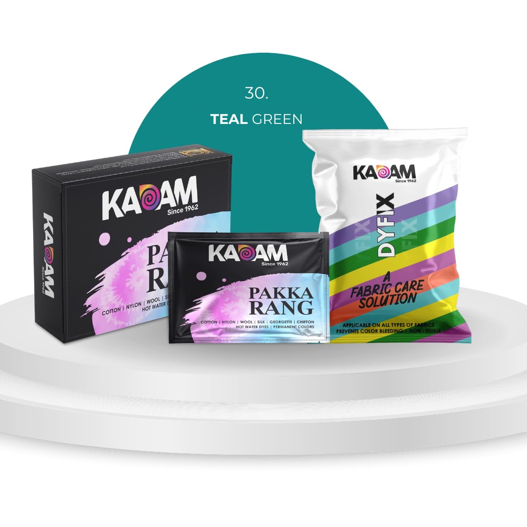 Kadam Pakka Rang Fabric Dye for Clothes Permanent, Cloth Dye Powder, Fabric Dye Clothes, Dye for Faded Jeans, 10 sachets of Shade 30 Teal Green Colour with 5 sachets of DyFix Colour Fixer