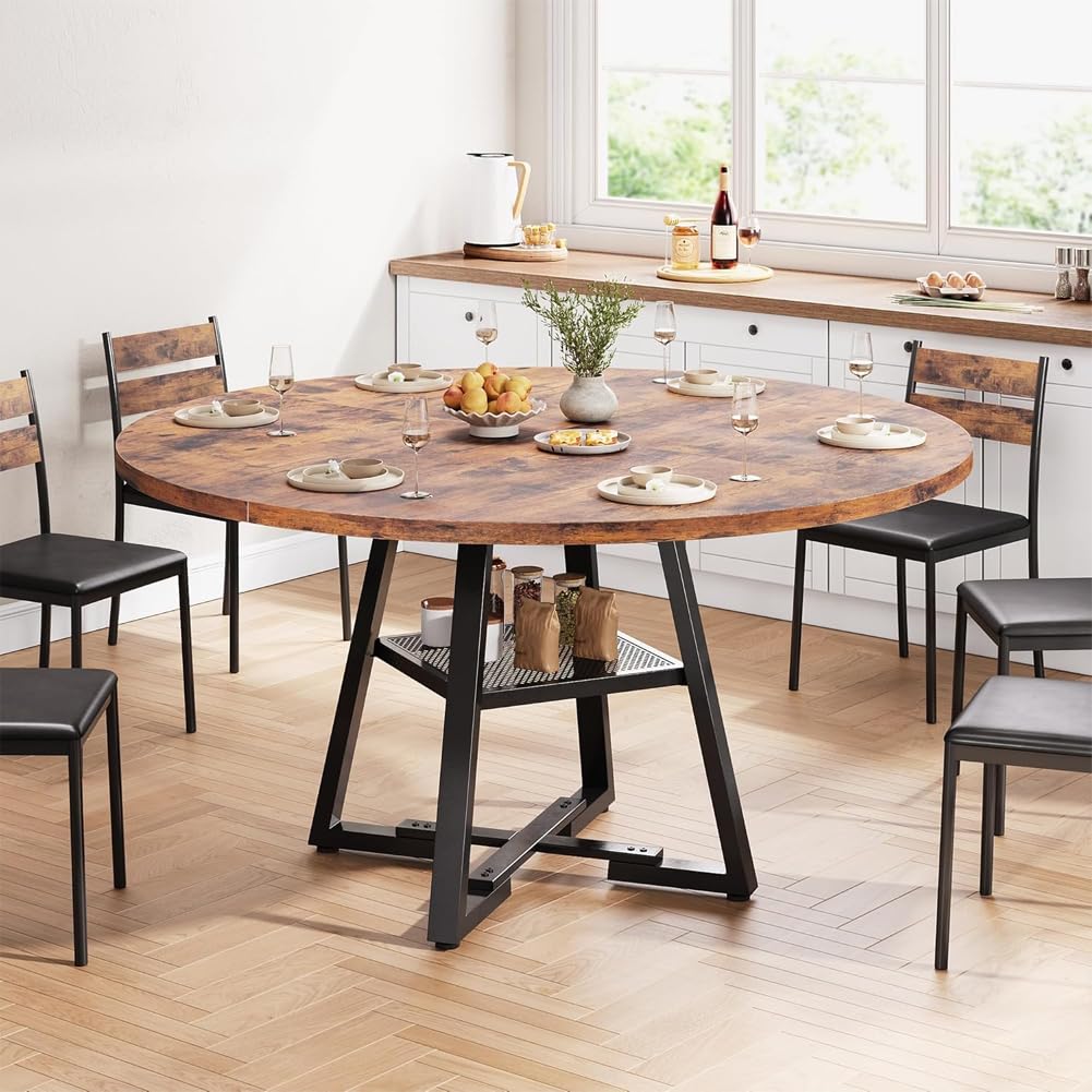 Shally Dogan Tavolo Rotondo per Sala da Pranzo e Cucina Diametro 120 cm con Gambe in Metallo, Design Industrial Vintage con Ripiano Portaoggetti Inferiore e Piano in Legno, Ideale per Casa e Ufficio