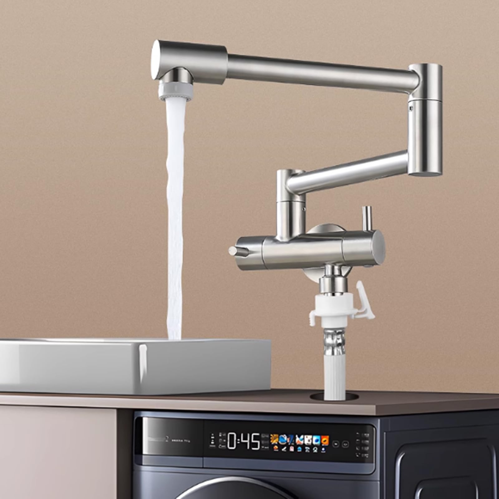 Grifo De 1/2 Doble Salida para Lavadora Grifo Pared Plegable Grifos para Lavabos De Baño Modo Dual,Gris Pistola