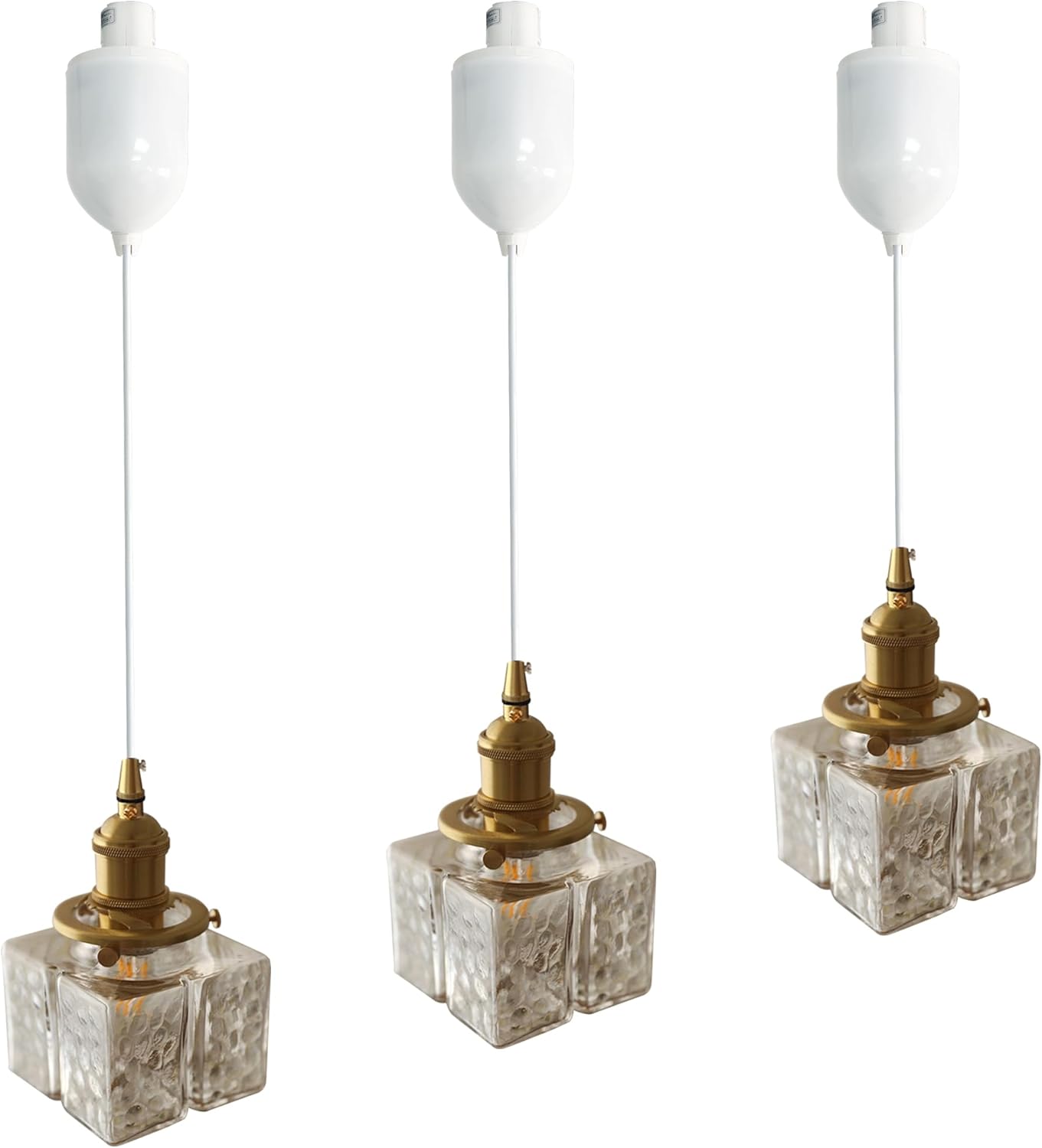 Mini Adjustable Cord Length Halo Track Lighting Pendants, 4 Ft Cord, H-Type Track Square Clear Art Glass E26 Brass Socket Track Mount for Kitchen Island Sloped Vaulted Ceiling