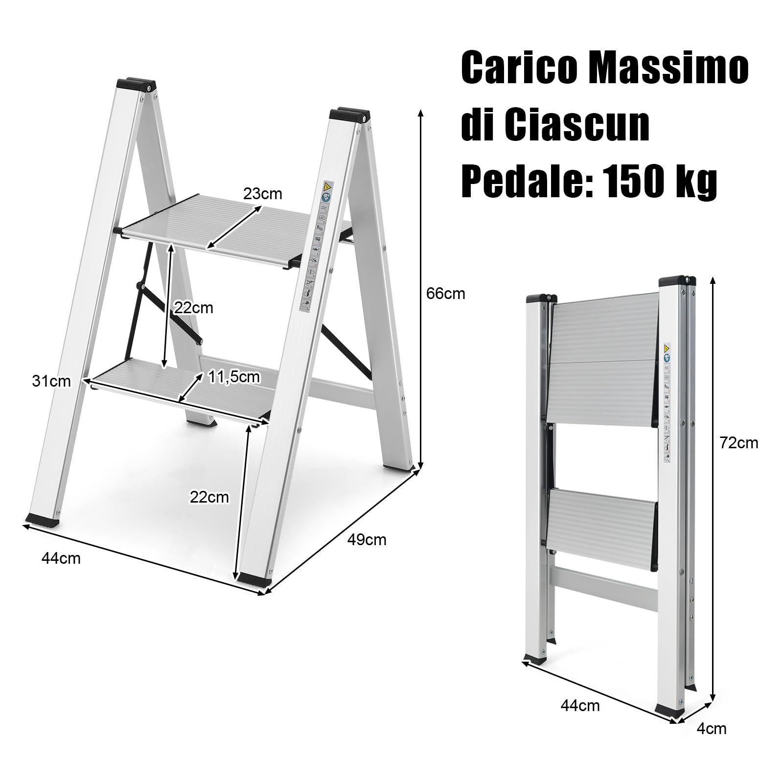 COSTWAY Scala Pieghevole in Alluminio a 2 Gradini, Scaletta Salvaspazio con Fibbia di Sicurezza, Ampi Pedali e Piedini Antiscivolo, Telaio in Alluminio Robusto e Leggero, Portata 150kg
