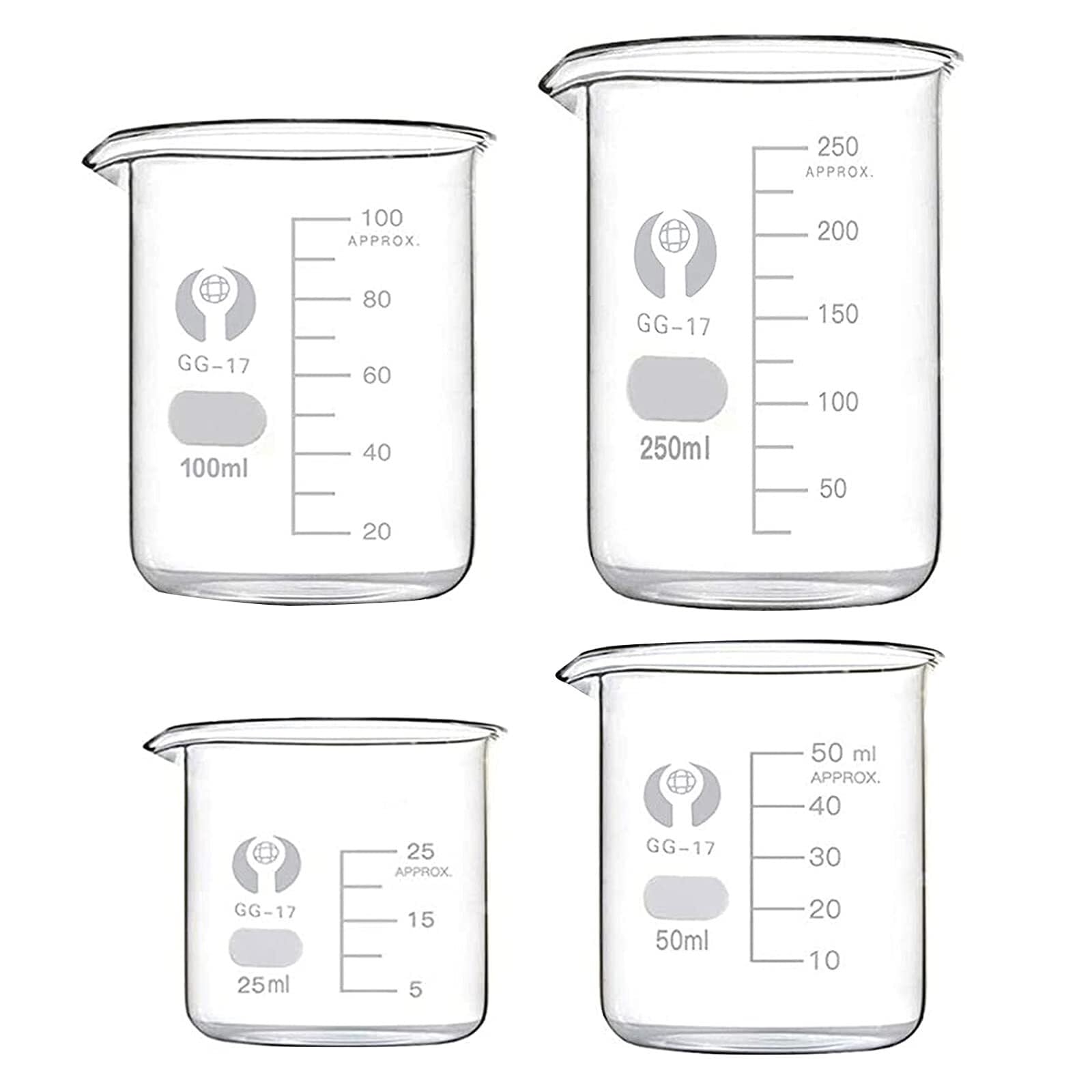 Zlewka laboratoryjna, Zestaw zlewek ze szkła borokrzemianowego 25–250 ml miarek do użytku w kuchni laboratoryjnej
