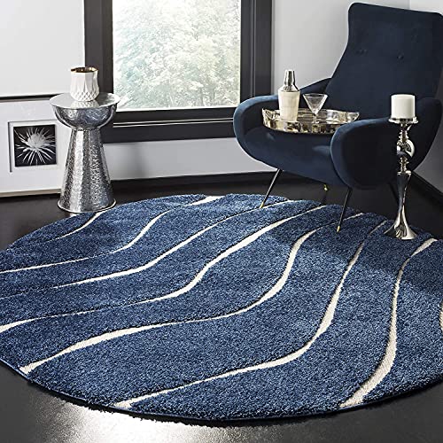 Image of Abstract Wavy Design Round Shaggy Carpet for Living Room, Bedroom, High Low Design Finish Microfiber 1.8 Inch Pile High, 5x5 Feet Dark Blue|Cream Color