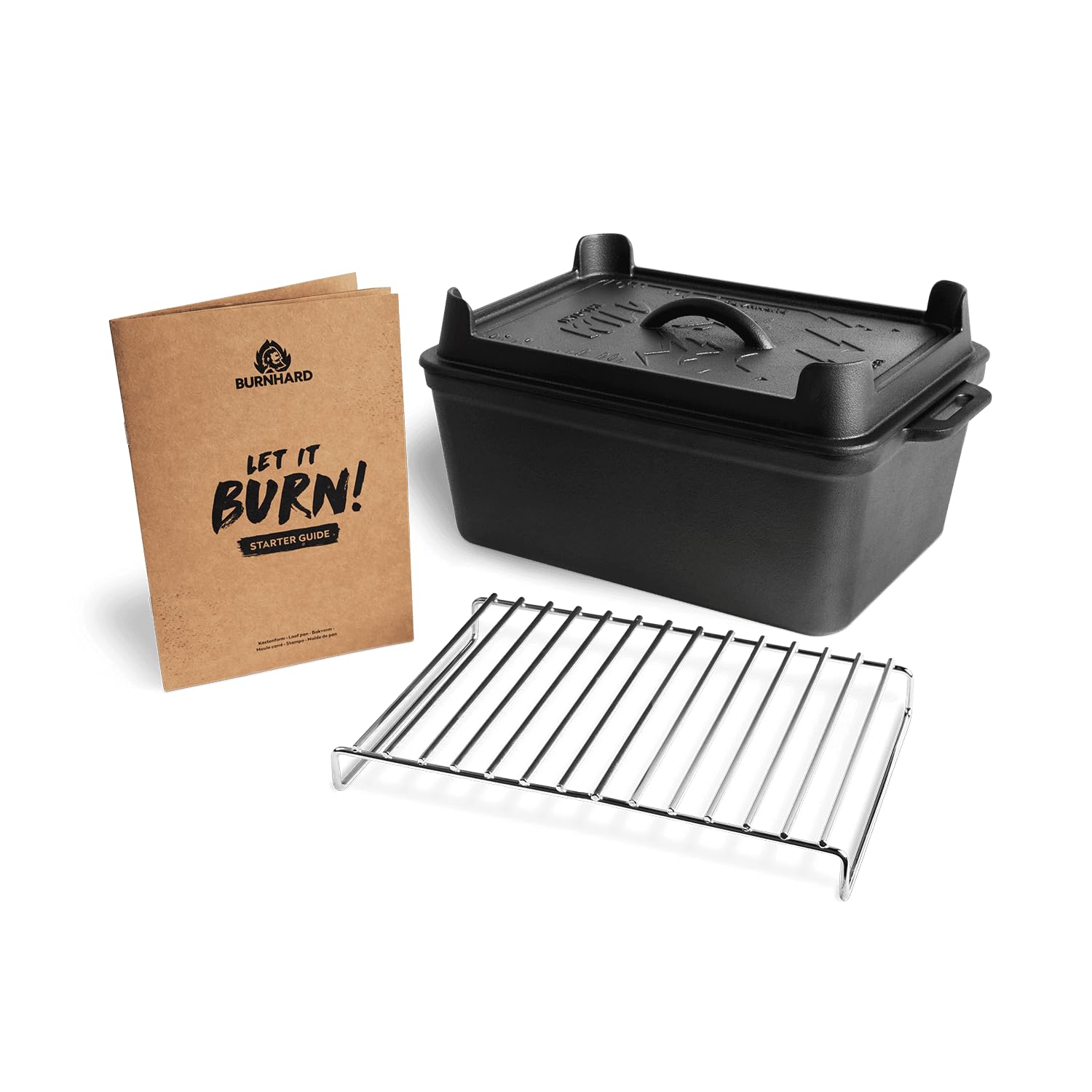 Molde de hierro fundido BURNHARD® 3,5 l, tapa multifuncional como sartén, para todo tipo de cocinas, horno, parrilla, fogata, pre-sazonado, fácil limpieza – molde para pan Deluxe
