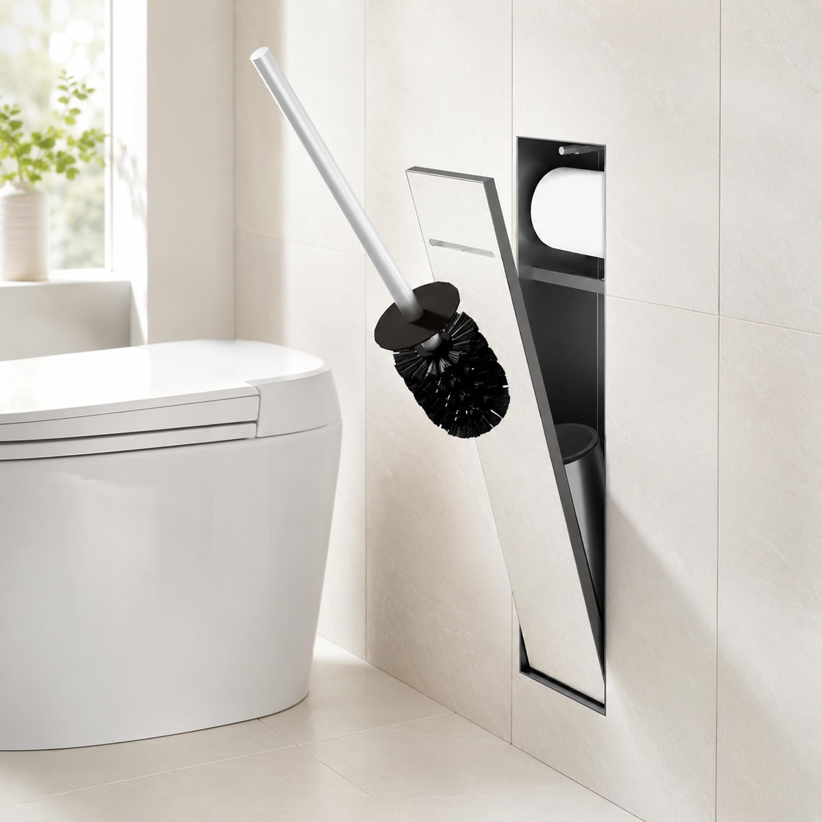 Recessed Toilet Roll Holder with Toilet Brush, in-Wall Bathroom Niche with Hidden Bin, Tileable Front Panel, 304 Stainless Steel Bathroom Storage Cabinet