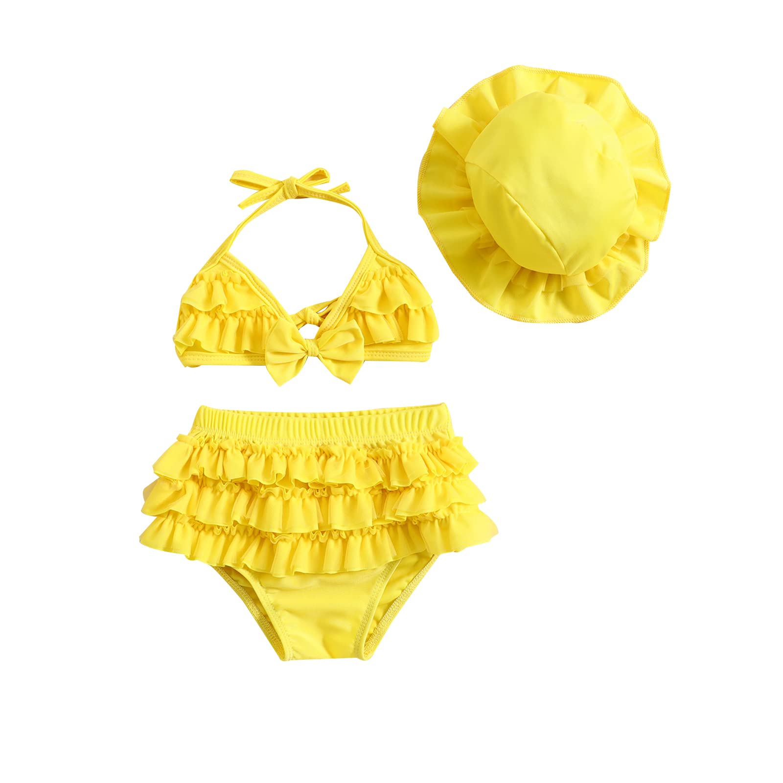 Infant Girls Ruffle Hawaii Swimsuit Baby Girl Bikini Sets Toddler 3 Piece Bathing Suit with Hat Kids Swimwear Beach Set (C-Yellow, 0-6 Months)