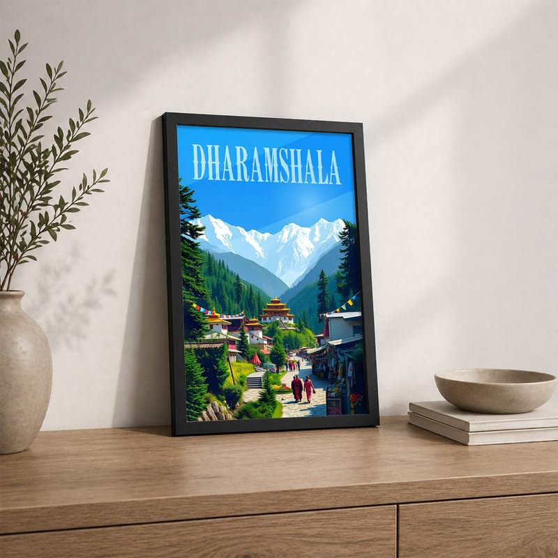 Image of CodersParadise inchDharamshala Framed Wall Poster (12 x 18 Inch) | Himalayan Mountain Landscape Travel Art | Scenic Monastery & Nature Wall Decor | Ready-to-Hang Frame for Living Room, Bedroom, Office