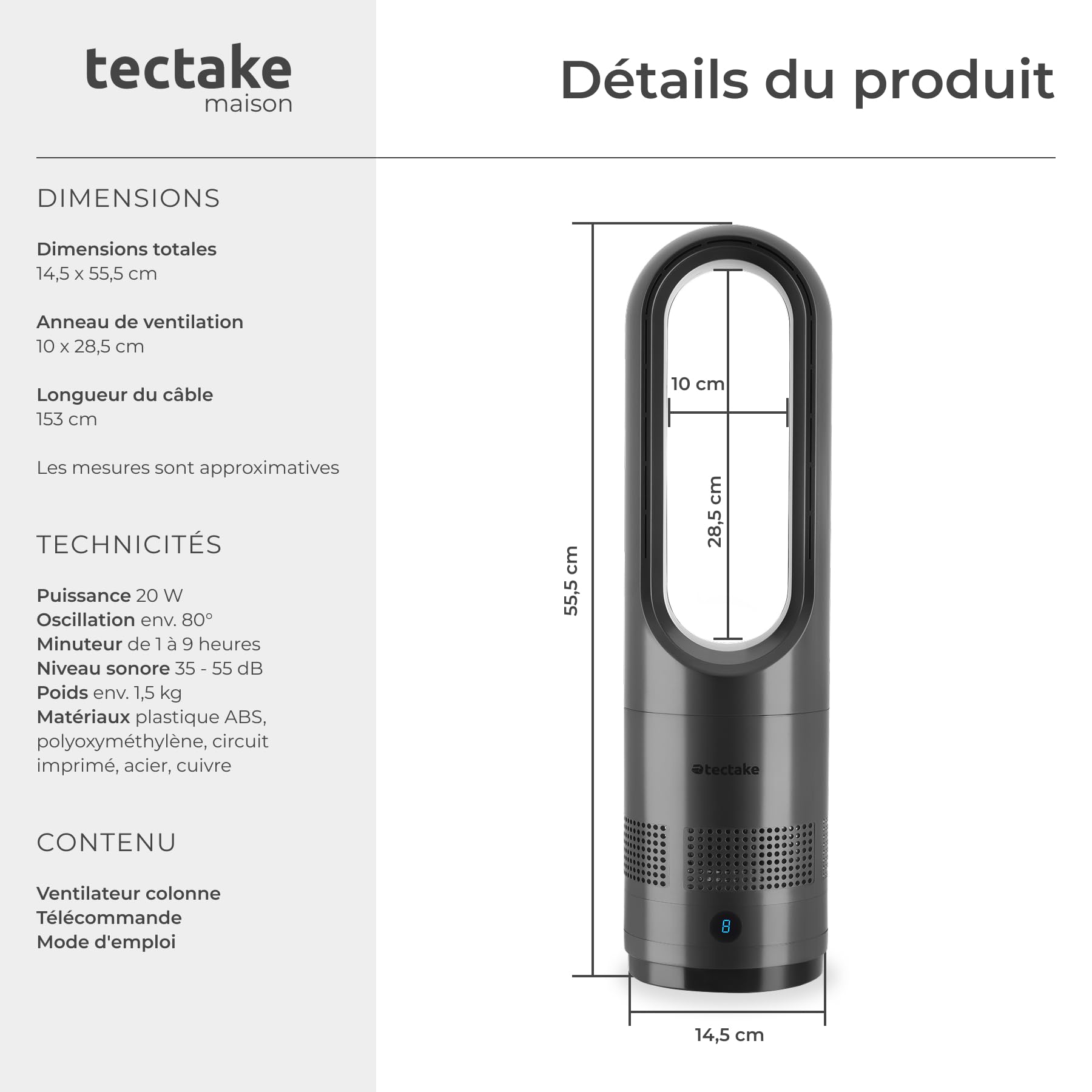 tectake® Ventilateur Colonne Ventilateur Silencieux & Oscillant 80°, 8 Vitesses Minuterie avec Télécommande Ecran LED Ventilateur portable pour Bureau Chambre Salon Maison - Gris anthracite