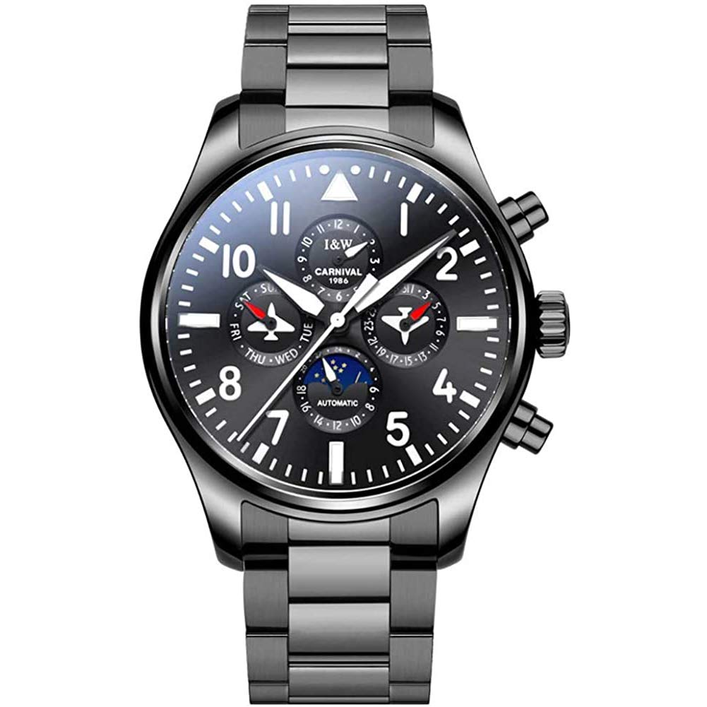 MASTOP Herren Klassische Multifunktions-Automatik-mechanische Uhr Leuchtend Wasserdicht Saphir Business Edelstahlband Kleid Armbanduhr