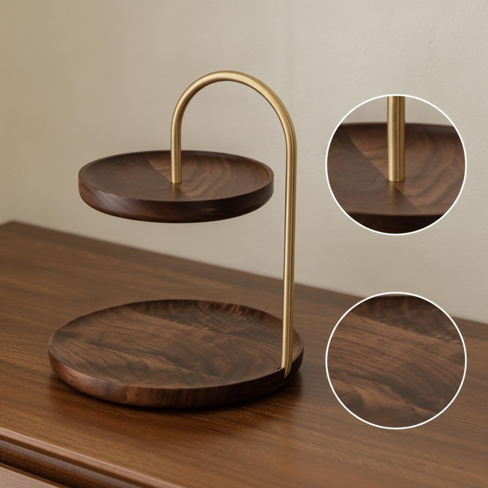 Baoblaze Bandeja de Joyas de Escritorio Organizador Soporte Expositor Estante de Almacenamiento con Dos Bandejas Redondas en Madera y Latón para Mantener