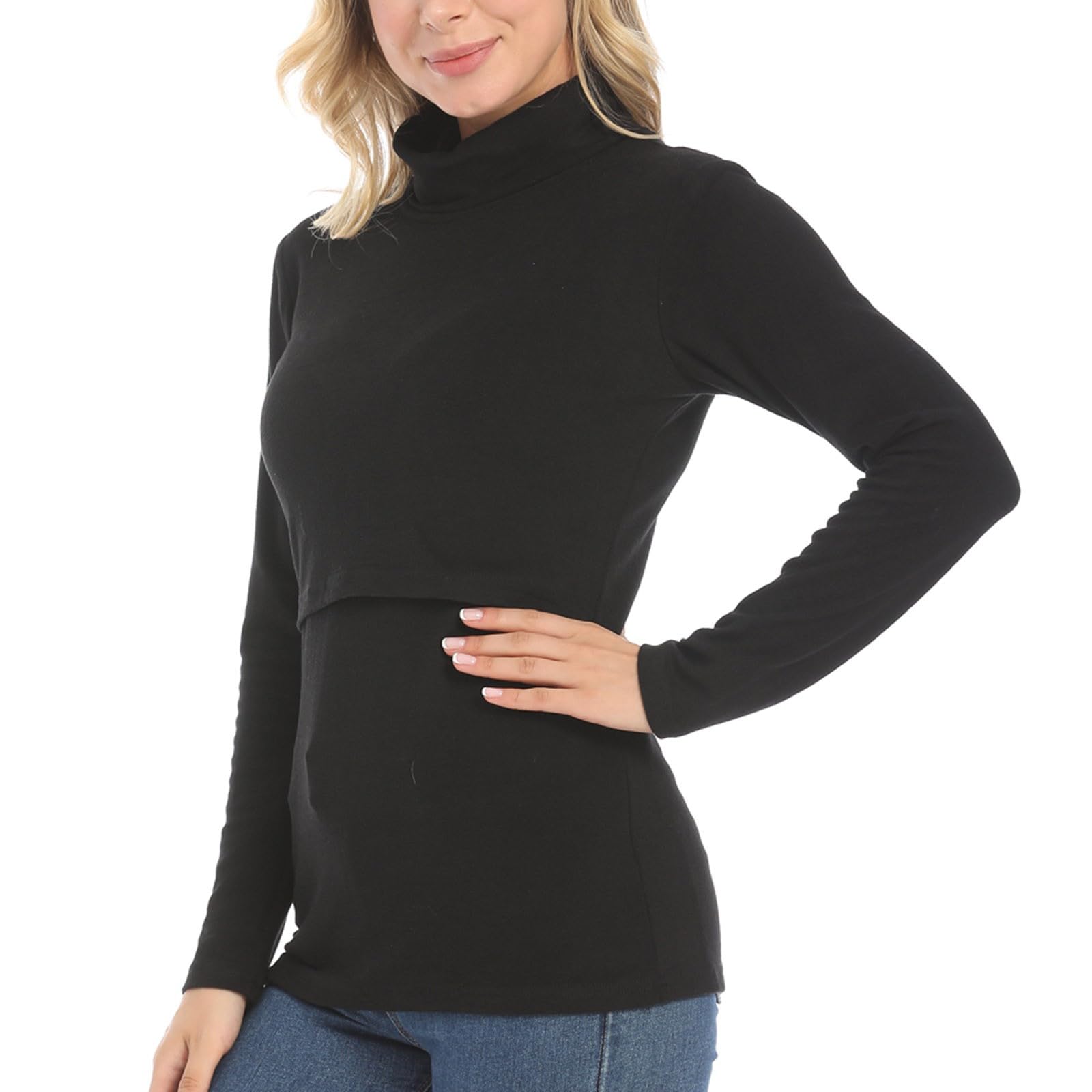 Umstandsmode Stillpullover Damen Fleece Warm Langarmshirt Umstandspullover Stillpulli Baumwolle Stretch Thermounterwäsche Slim Fit Rollkragenshirt Stehkragen Unterziehrolli Stilltop Schwanger Tops