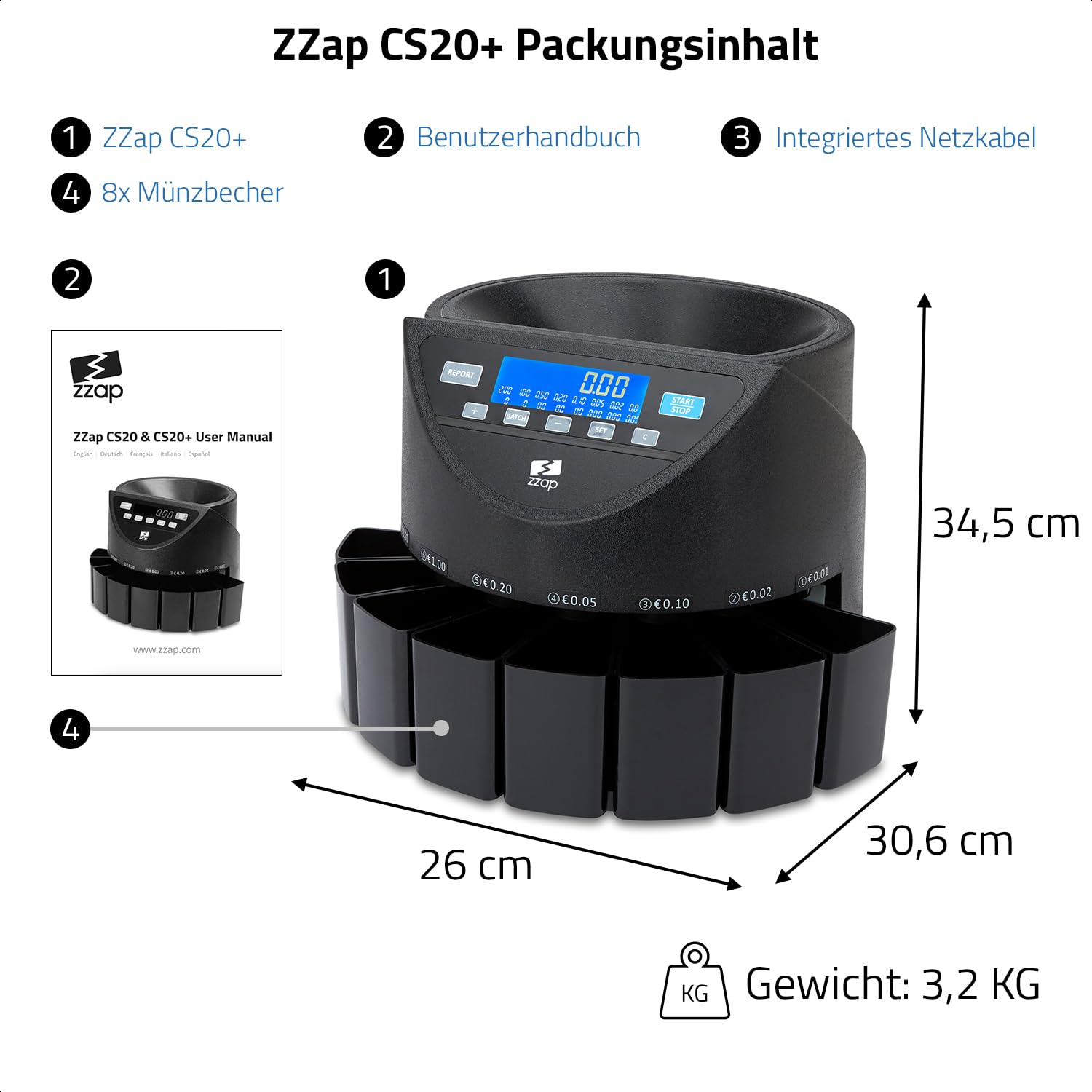 ZZap CS20+ Automatischer EURO Münzzähler & -sortierer - Geldzählmaschine Münzzählautomat Geldzähler