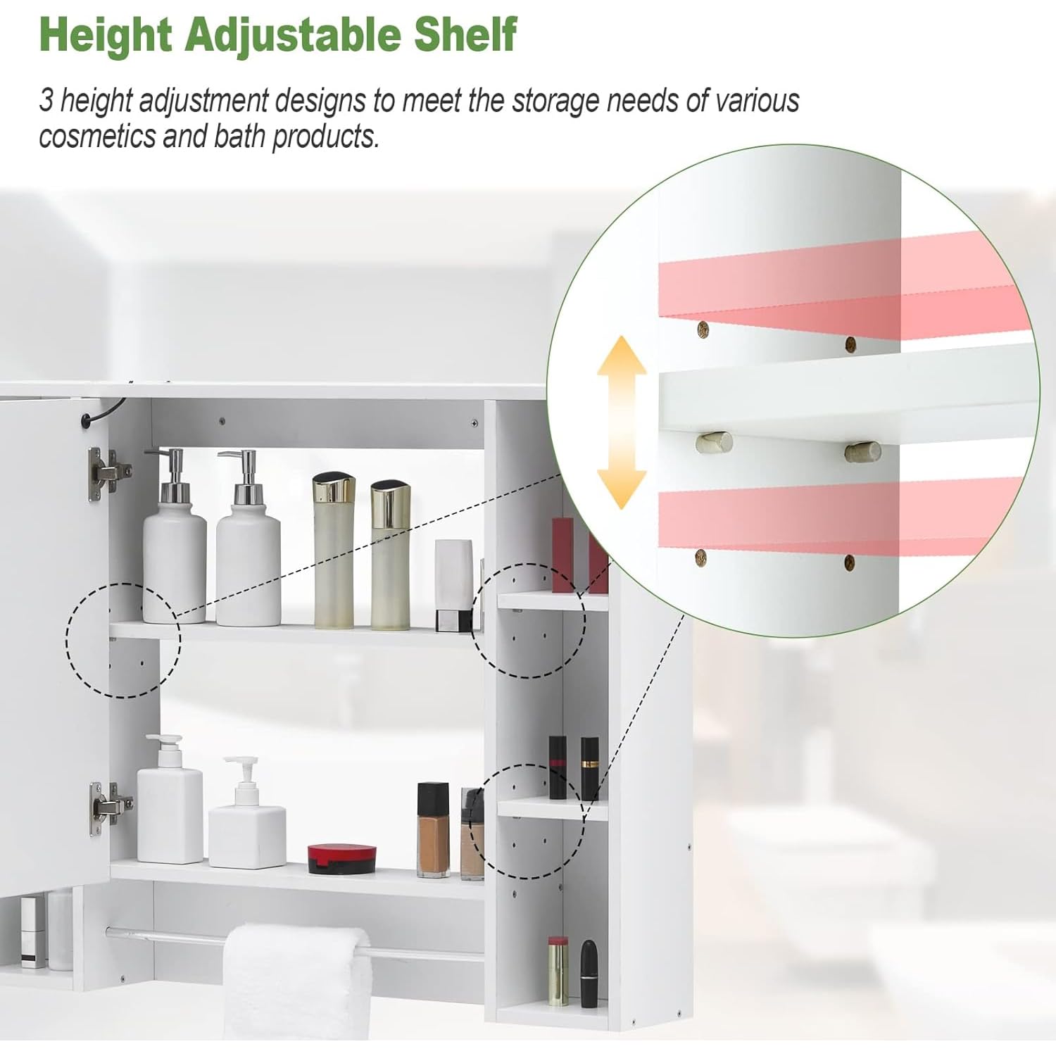 CLIPOP Armadietto da bagno con specchio illuminato a LED, armadietto da parete con ripiani regolabili in altezza e rack a torre, armadietto con specchio per soggiorno, bagno e WC