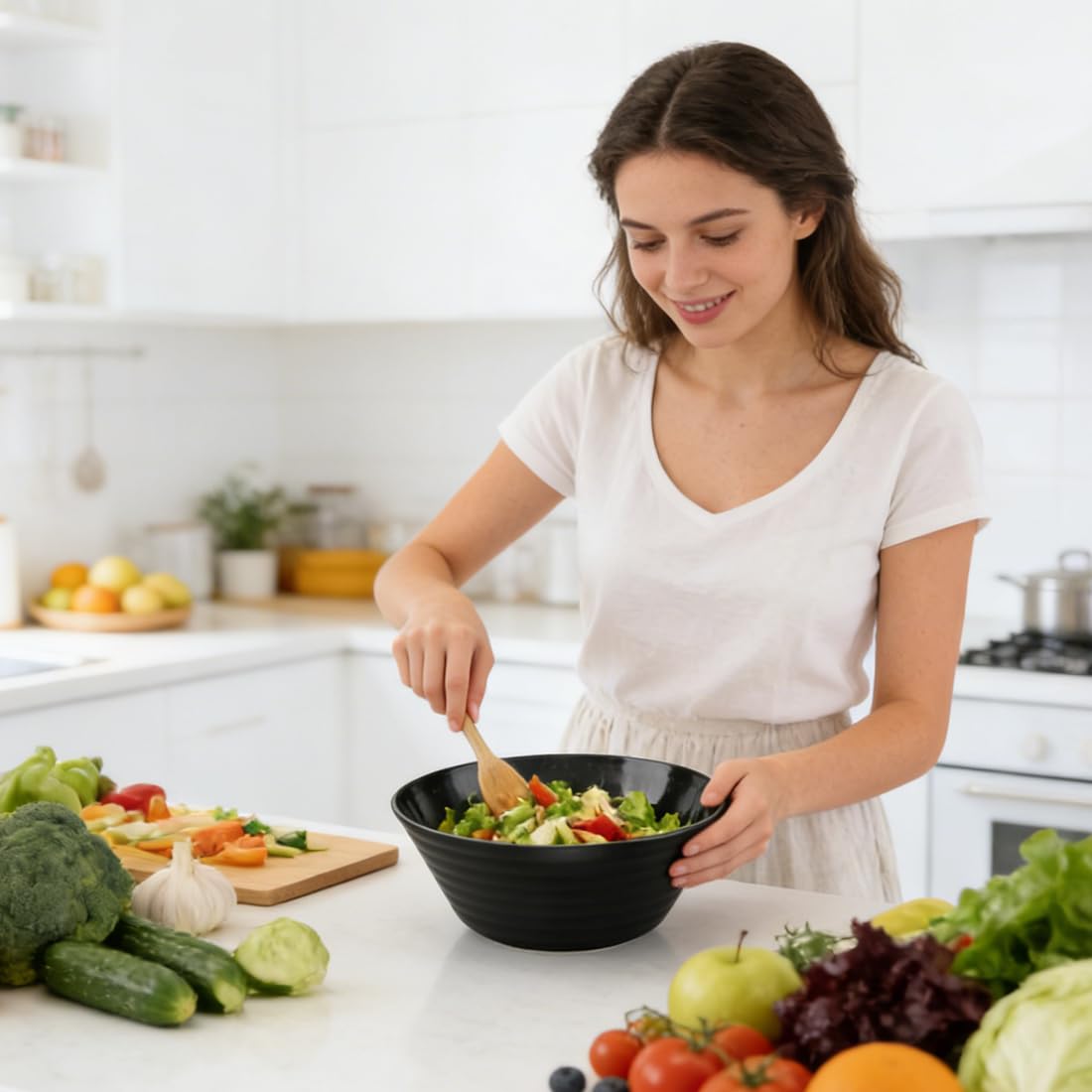 Ciotole Grandi Nere 4 Pezzi 1200ml, 20cm, Infrangibili e Leggere, Senza BPA, Ciotole Multiuso per Insalata Zuppa Cereali Dessert, Adatte a Microonde e Lavastoviglie, Cucina Famiglia Uso Quotidiano