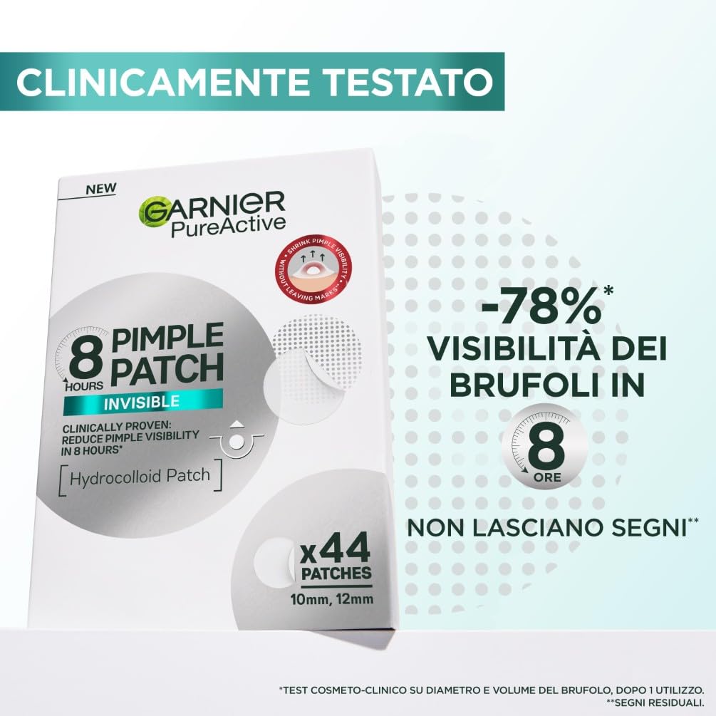 Garnier Pimple Patch Cerotti Idrocolloidali Invisibili Viso, Imperfezioni Ridotte in 8 Ore, Brufoli Visibilmente più Piatti, Adatti a Tutte le Tonalità di Pelle, Vegano, Pure Active, 44 Patch