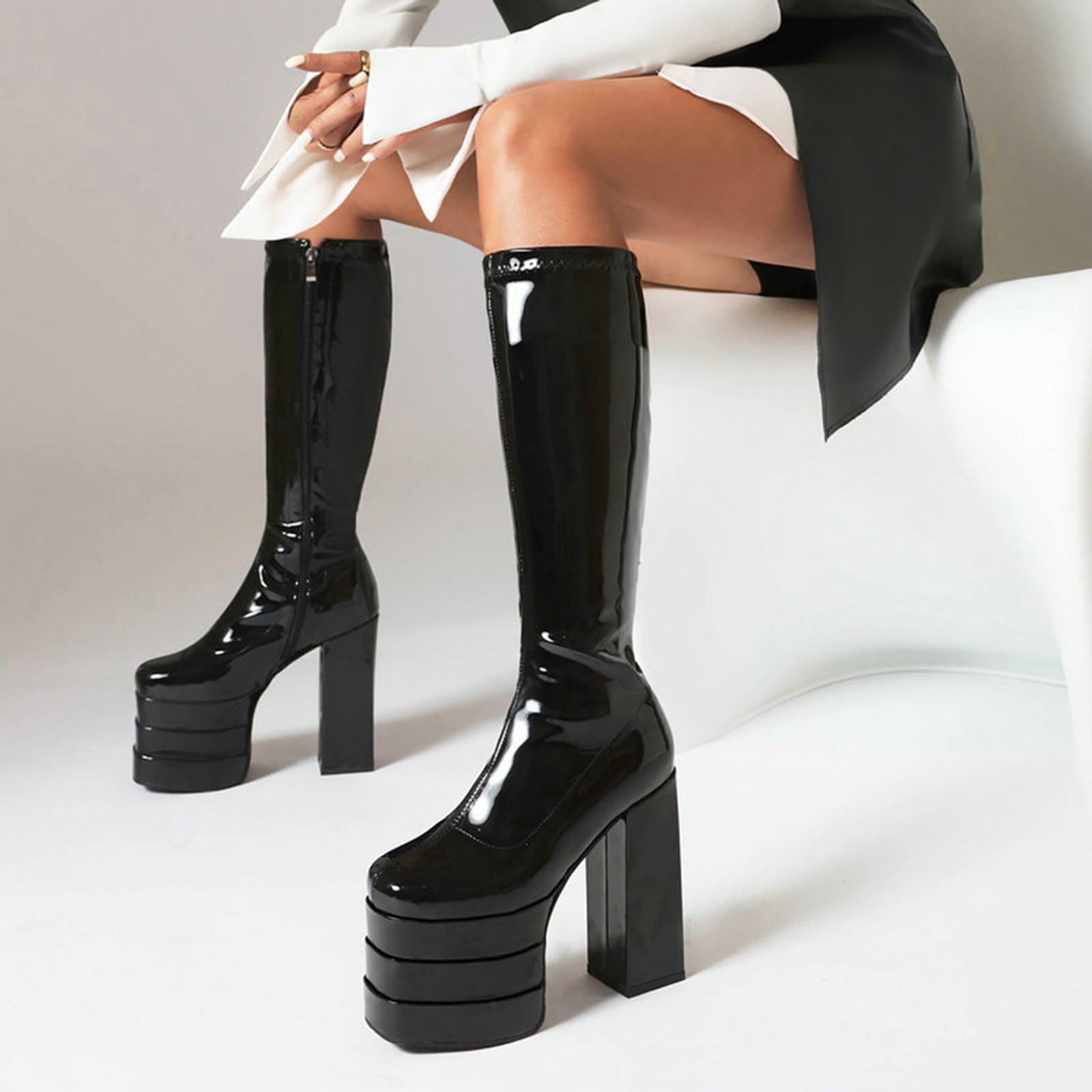 Botas hasta la Rodilla para Mujeres Tacón Súper Alto Plataforma Impermeable Cremallera Lateral 14CM