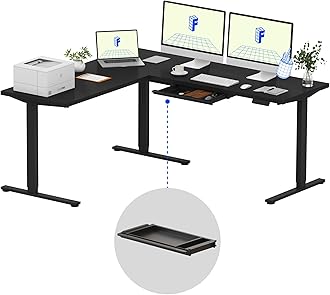 FLEXISPOT L Shaped Standing Desk, 71 x 63 Inch Electric Height Adjustable Corner Desk, Sit Stand Computer Workstation, Preset Controller, Home Office, Black Frame with Black Top, Black Drawer
