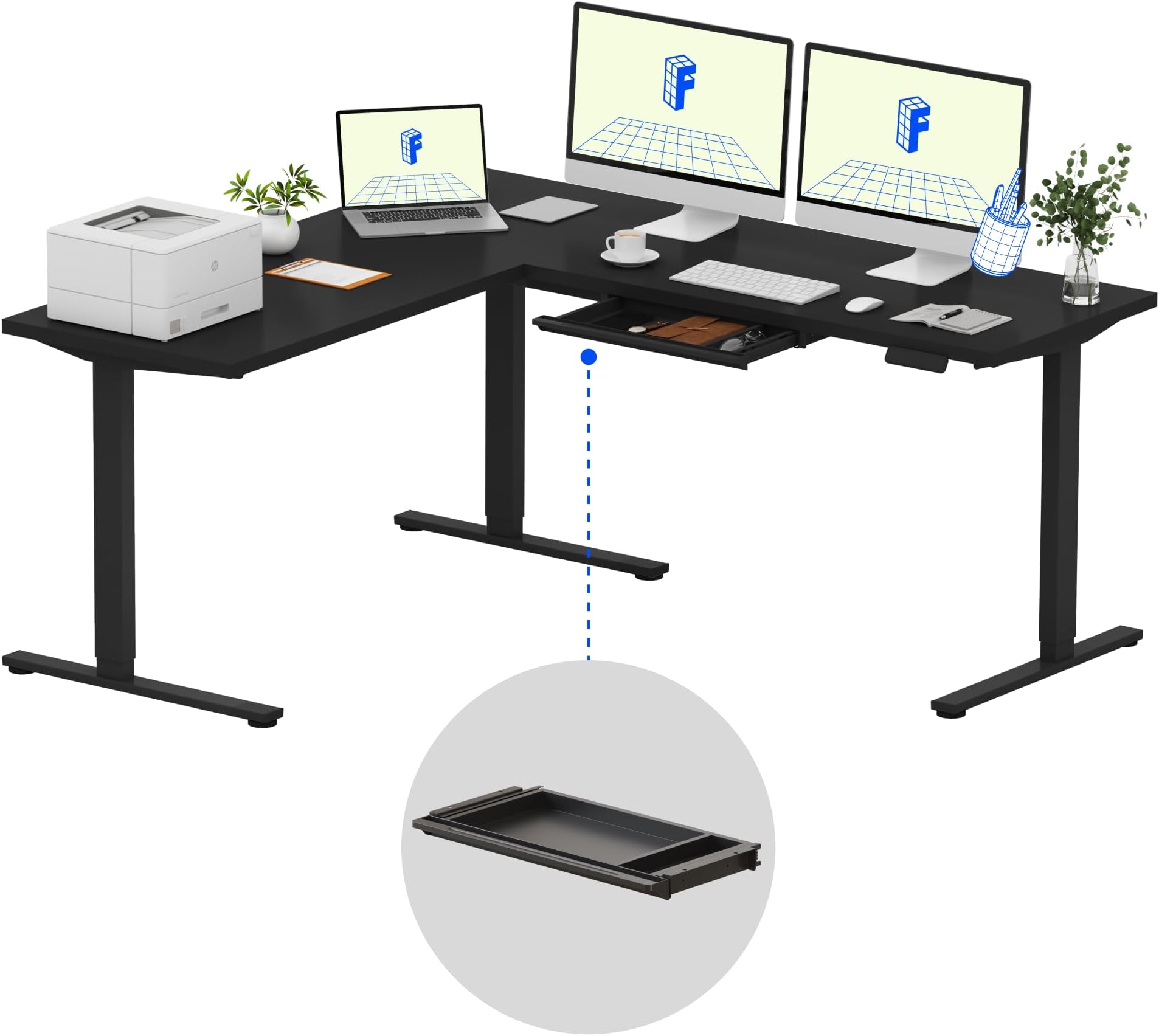 FLEXISPOT L Shaped Standing Desk, 71 x 63 Inch Electric Height Adjustable Corner Desk, Sit Stand Computer Workstation, Preset Controller, Home Office, Black Frame with Black Top, Black Drawer