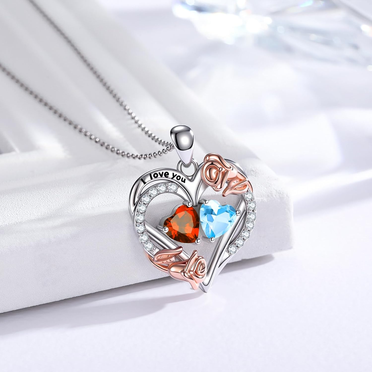 Birthstone Necklace for Women Mom, Heart Pendant Necklace, Birthday Rose Flower Necklace,Mothers Family Birth Stone Jewelry, Anniversary Birthday Gift for Wife Her - Image 2