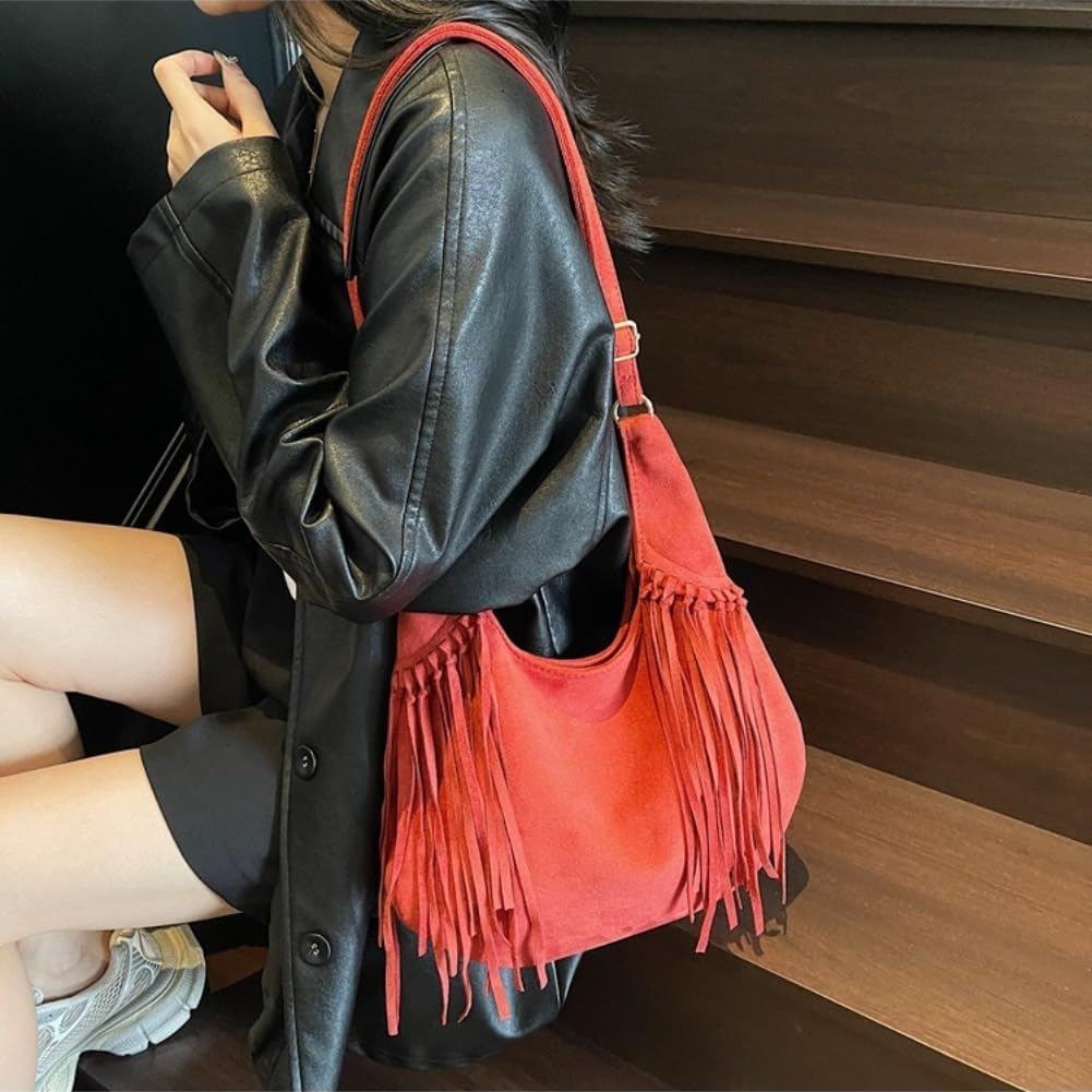 Women's Frosted Fringe Hobo Bag, Suede Leather Fashion Underarm Shoulder Purse, Novelty Tassel Bucket Crossbody Bag - Image 5