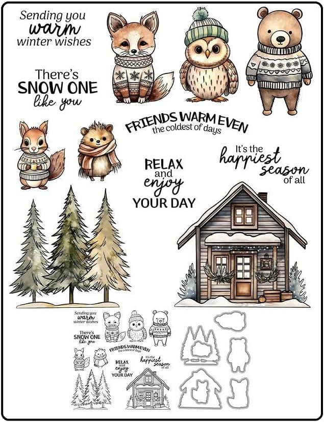Troqueles de corte de animales de invierno para árbol de cabaña, sello transparente para álbumes de recortes, troqueles de metal, sellos de silicona