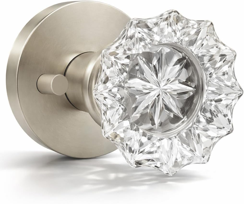Mega Handles Feerie Crystal Door Knobs - 1 Pack Reversible Interior Privacy Door Knobs, Heavy Duty Bed and Bath Door Knobs with Privacy Lock, Fits All Standard Door Sizes - Satin Nickel