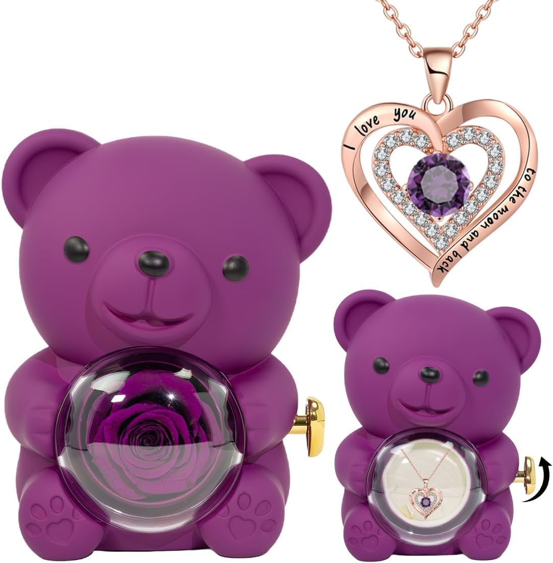 Sagar Trading Teddy Bear with Forever Rose, Ring & Pendant Gift Box | Natural Handpicked Preserved Rose | Romantic Gift for Her | Gift for Valentine’s Day, Birthday, Anniversary (Purple)-image-31